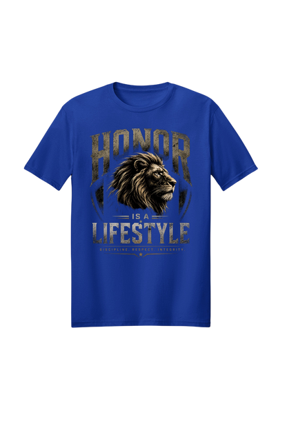 Blue t-shirt with lion graphic and text 'Honor is a Lifestyle' on a white background