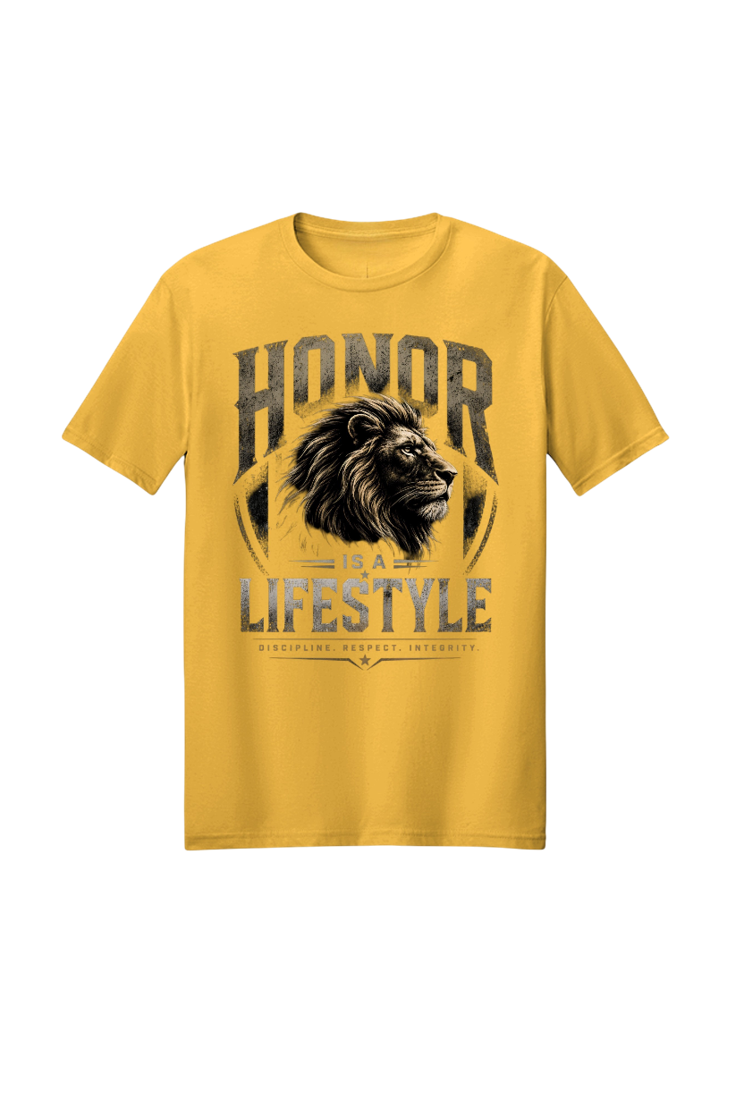 Yellow t-shirt with lion graphic and text 'Honor is a Lifestyle' on a white background