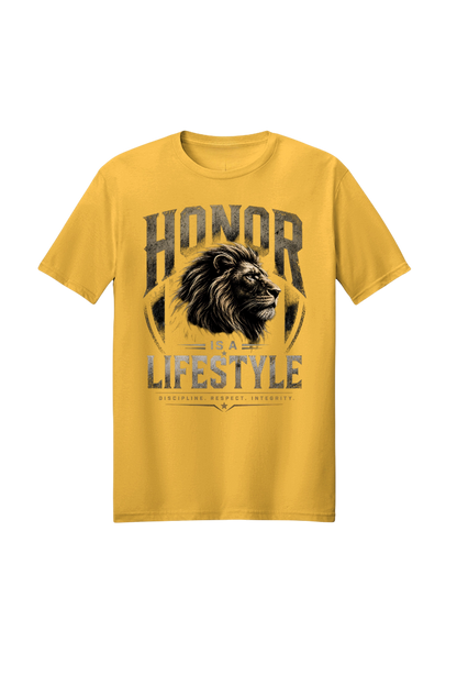 Yellow t-shirt with lion graphic and text 'Honor is a Lifestyle' on a white background