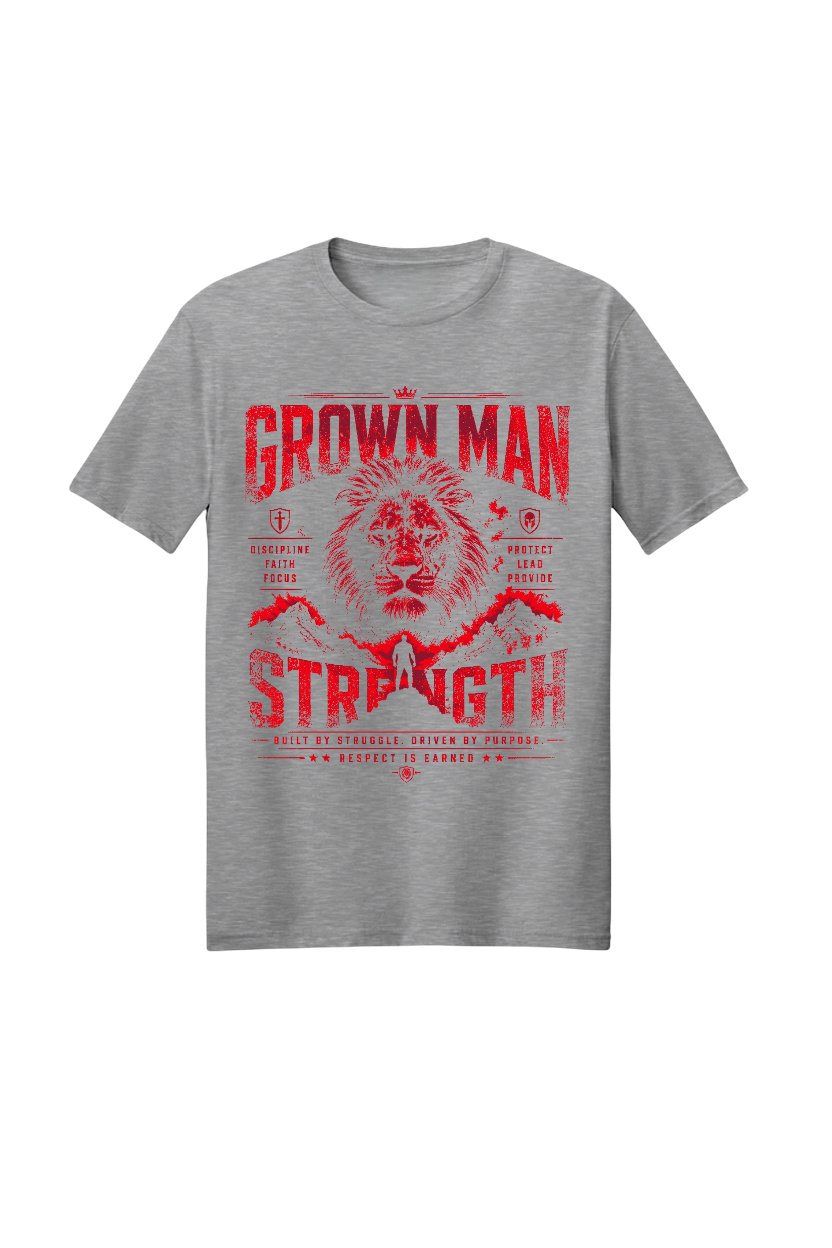 Gray t-shirt with red graphic and text on a white background