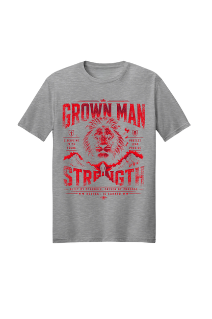 Gray t-shirt with red graphic and text on a white background