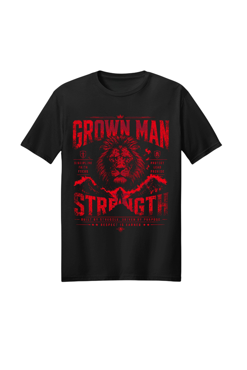 Black t-shirt with red graphic and text on a white background