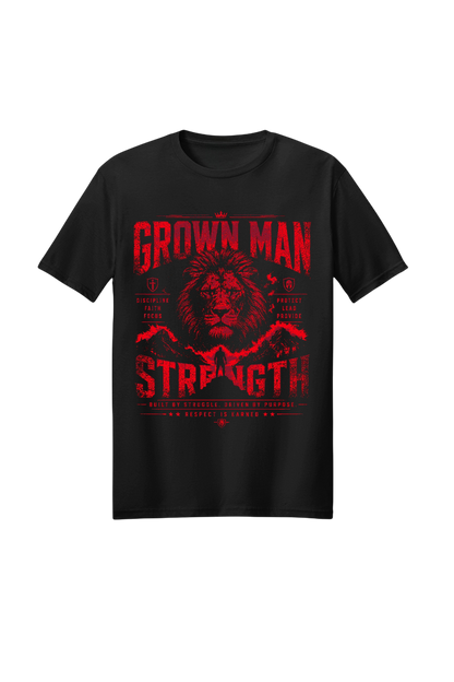 Black t-shirt with red graphic and text on a white background