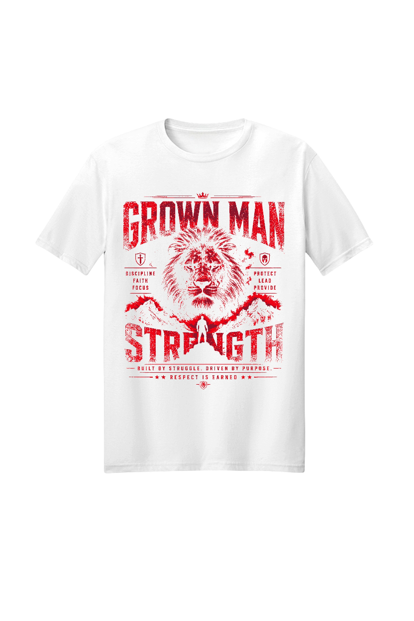 White t-shirt with red graphic and text on a white background