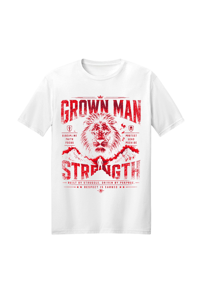 White t-shirt with red graphic and text on a white background