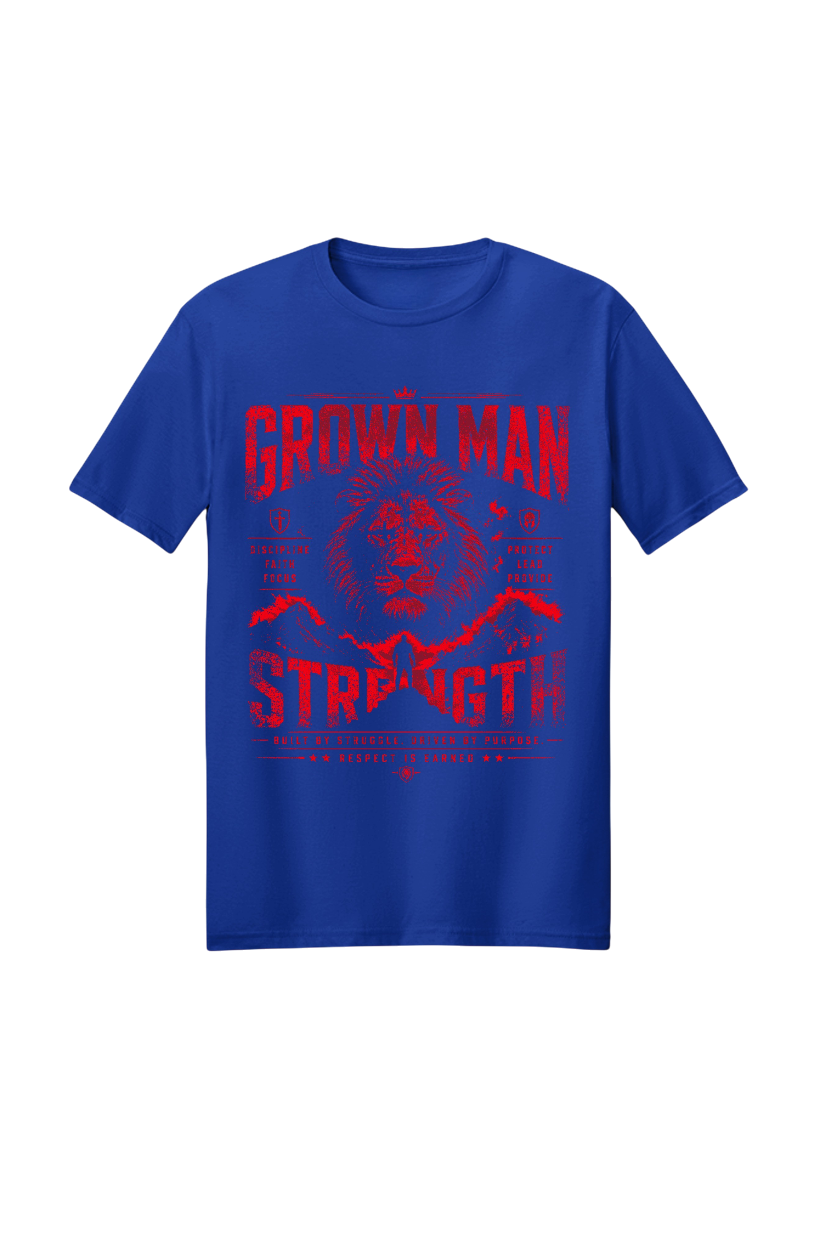Blue t-shirt with red graphic and text on a white background