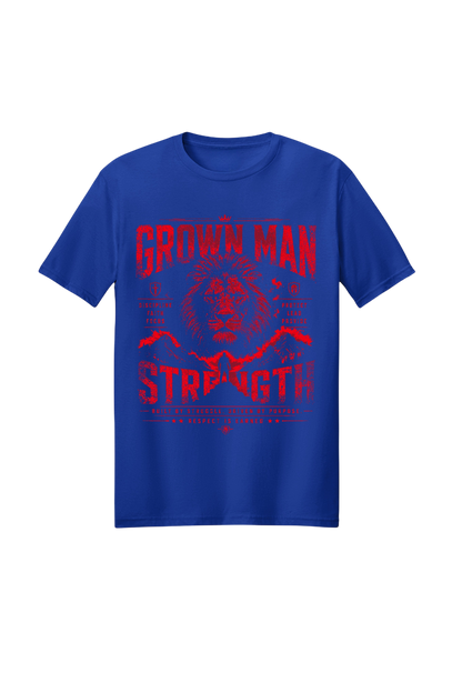 Blue t-shirt with red graphic and text on a white background