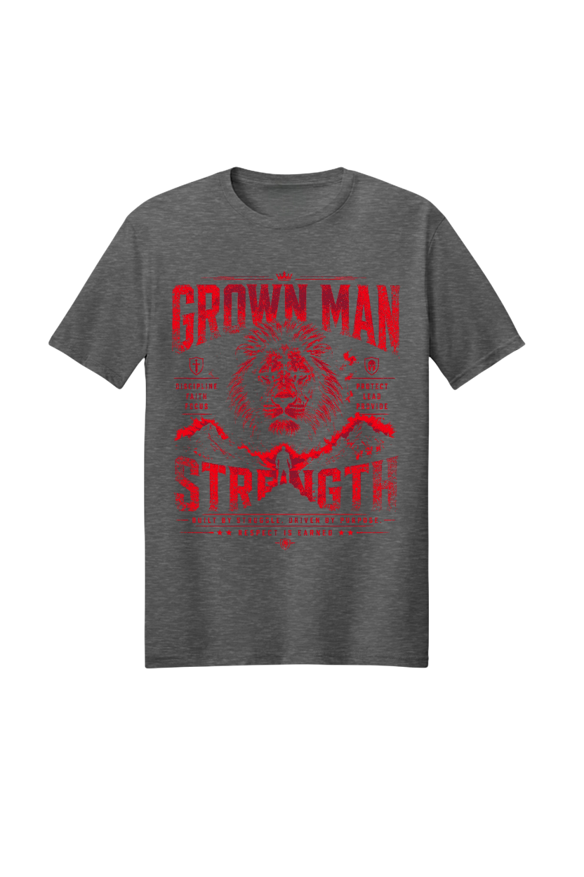 Gray t-shirt with red graphic and text on a white background