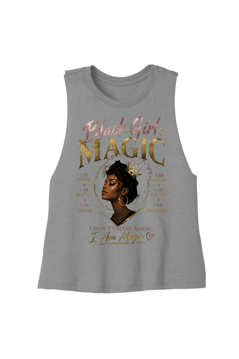 Gray tank top with 'Black Girl Magic' graphic design on a white background