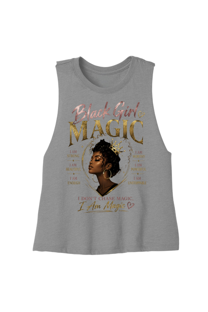 Gray tank top with 'Black Girl Magic' graphic design on a white background