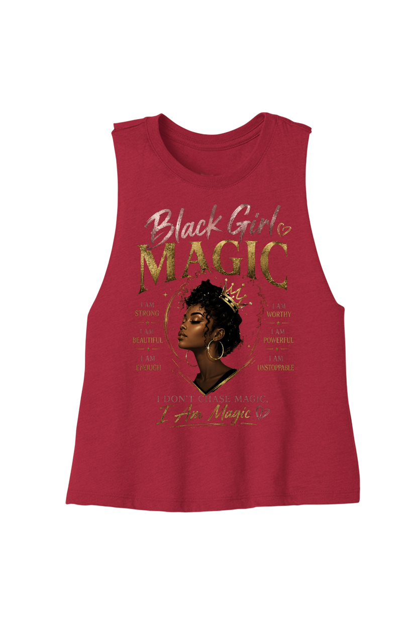 Red tank top with 'Black Girl Magic' text and graphic of a woman on a white background