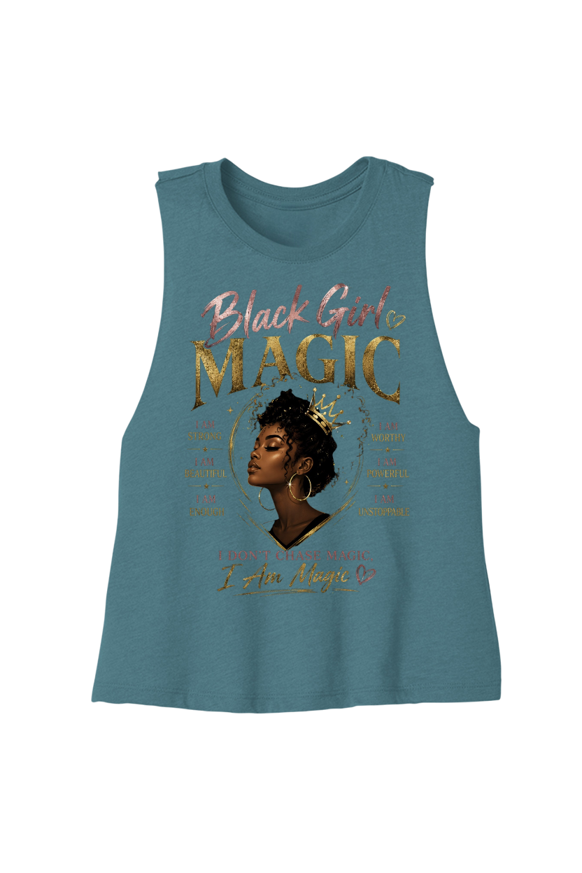 Blue tank top with 'Black Girl Magic' text and graphic on a white background