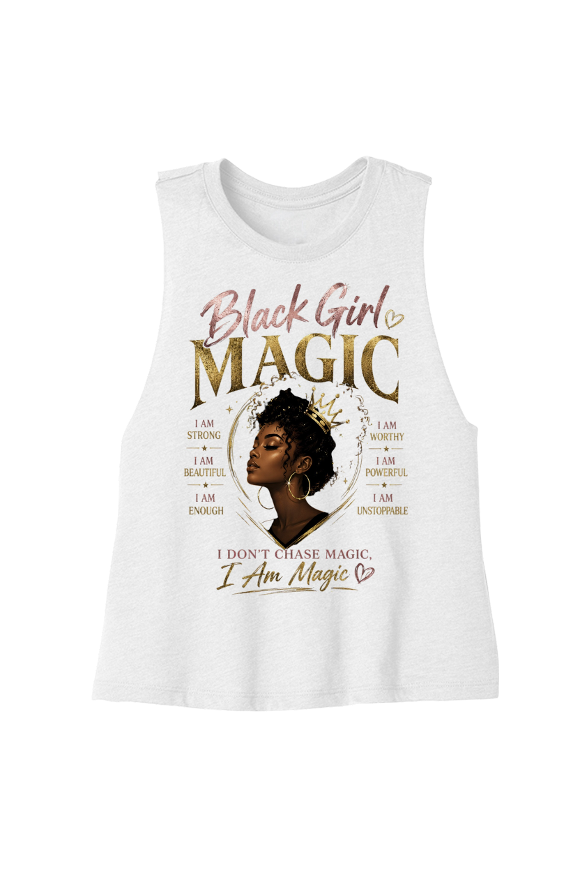 White tank top with 'Black Girl Magic' graphic and text on a white background