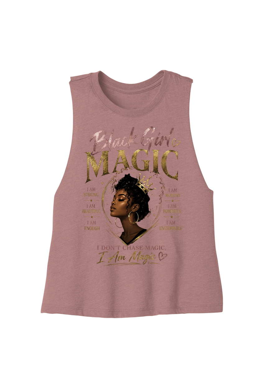 Pink tank top with 'Black Girl Magic' text and graphic on a white background