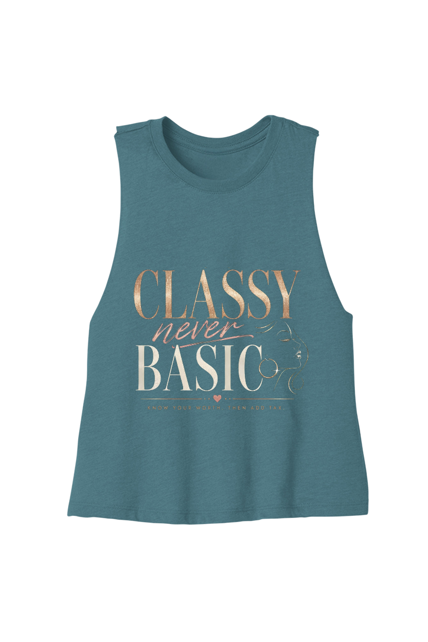 A sleeveless teal muscle tank top with a graphic text print reading 'CLASSY never BASIC' in metallic gold and white lettering, displayed on a solid white background.