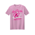 A light pink short-sleeve crewneck t-shirt featuring a pink and silver graphic design on the front that reads 'SUPPORTER of Breast Cancer AWARENESS' with a pink ribbon and crown.