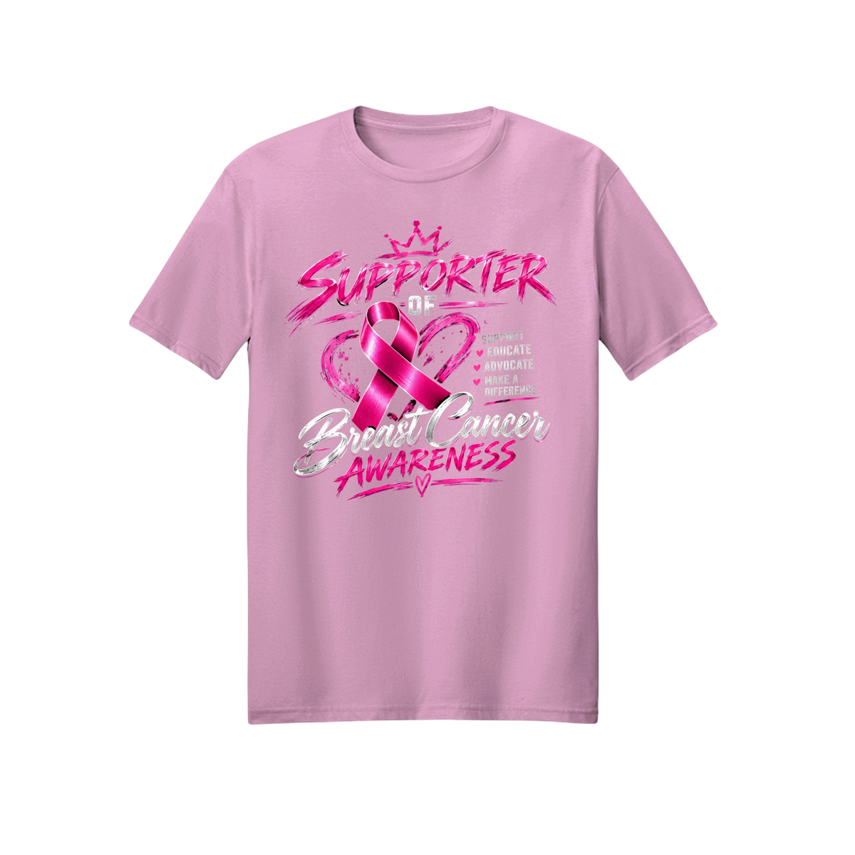 A light pink short-sleeve crewneck t-shirt featuring a pink and silver graphic design on the front that reads 'SUPPORTER of Breast Cancer AWARENESS' with a pink ribbon and crown.