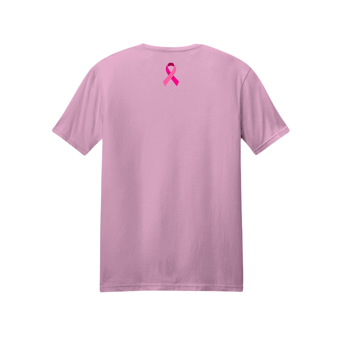 A light pink short-sleeve t-shirt shown from the back, featuring a small pink awareness ribbon printed at the upper center back.