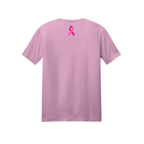 A light pink short-sleeve t-shirt shown from the back, featuring a small pink awareness ribbon printed at the upper center back.