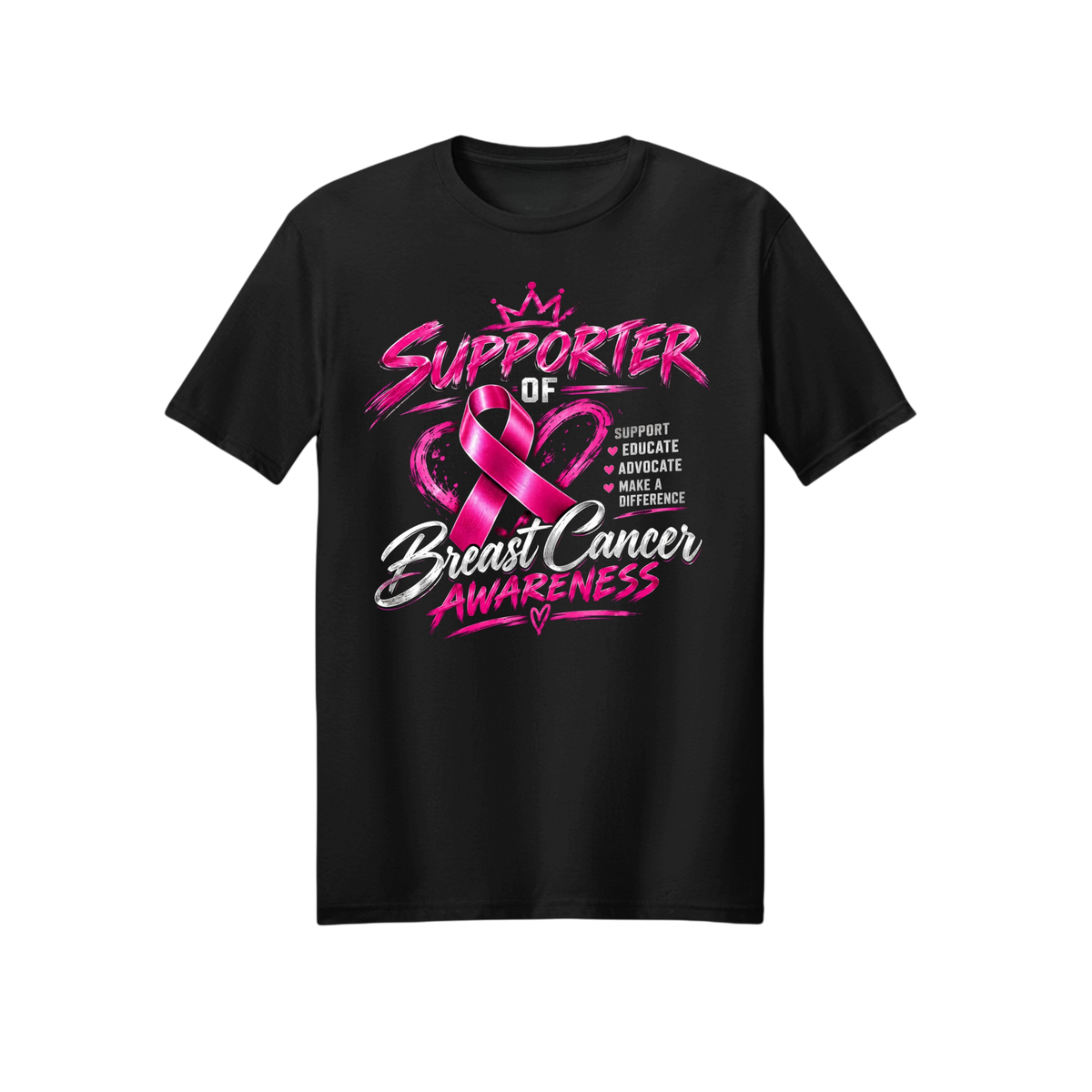 A black short-sleeve crewneck t-shirt with a pink and white graphic on the front that reads 'SUPPORTER OF Breast Cancer AWARENESS' with a pink ribbon and crown design, shown on a plain white background.