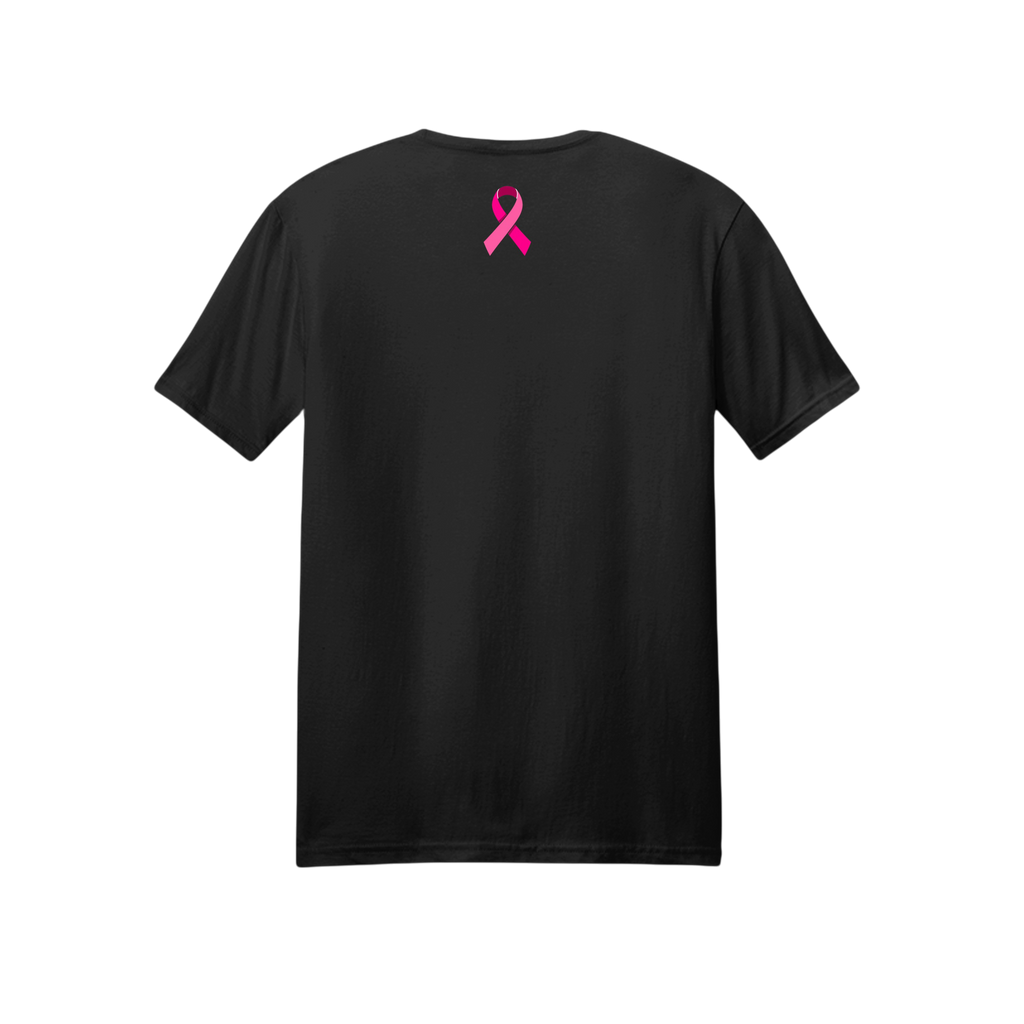 A black short-sleeve t-shirt shown from the back, featuring a small pink awareness ribbon printed in the center of the upper back, set against a plain white background.