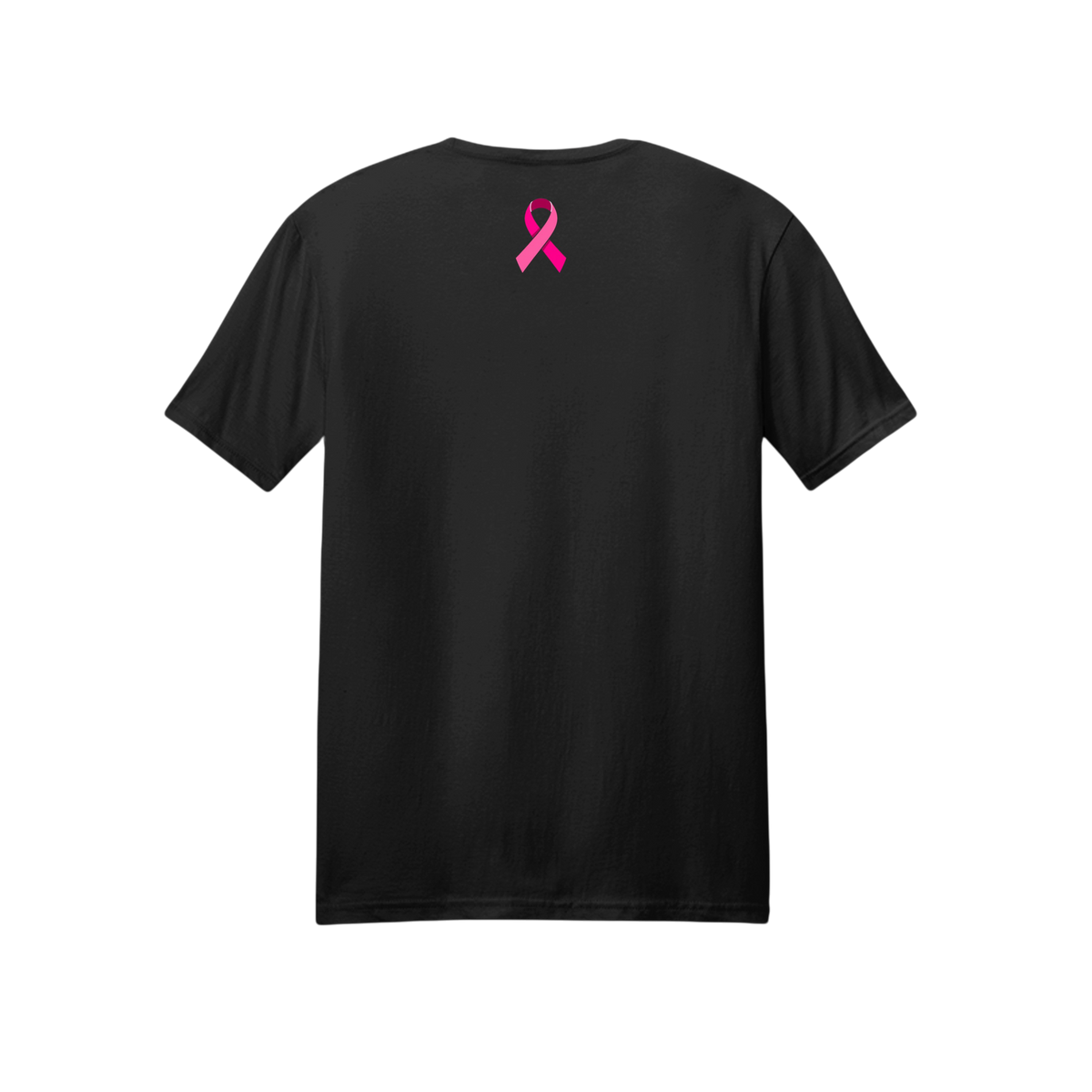 A black short-sleeve t-shirt shown from the back, featuring a small pink awareness ribbon printed in the center of the upper back, set against a plain white background.