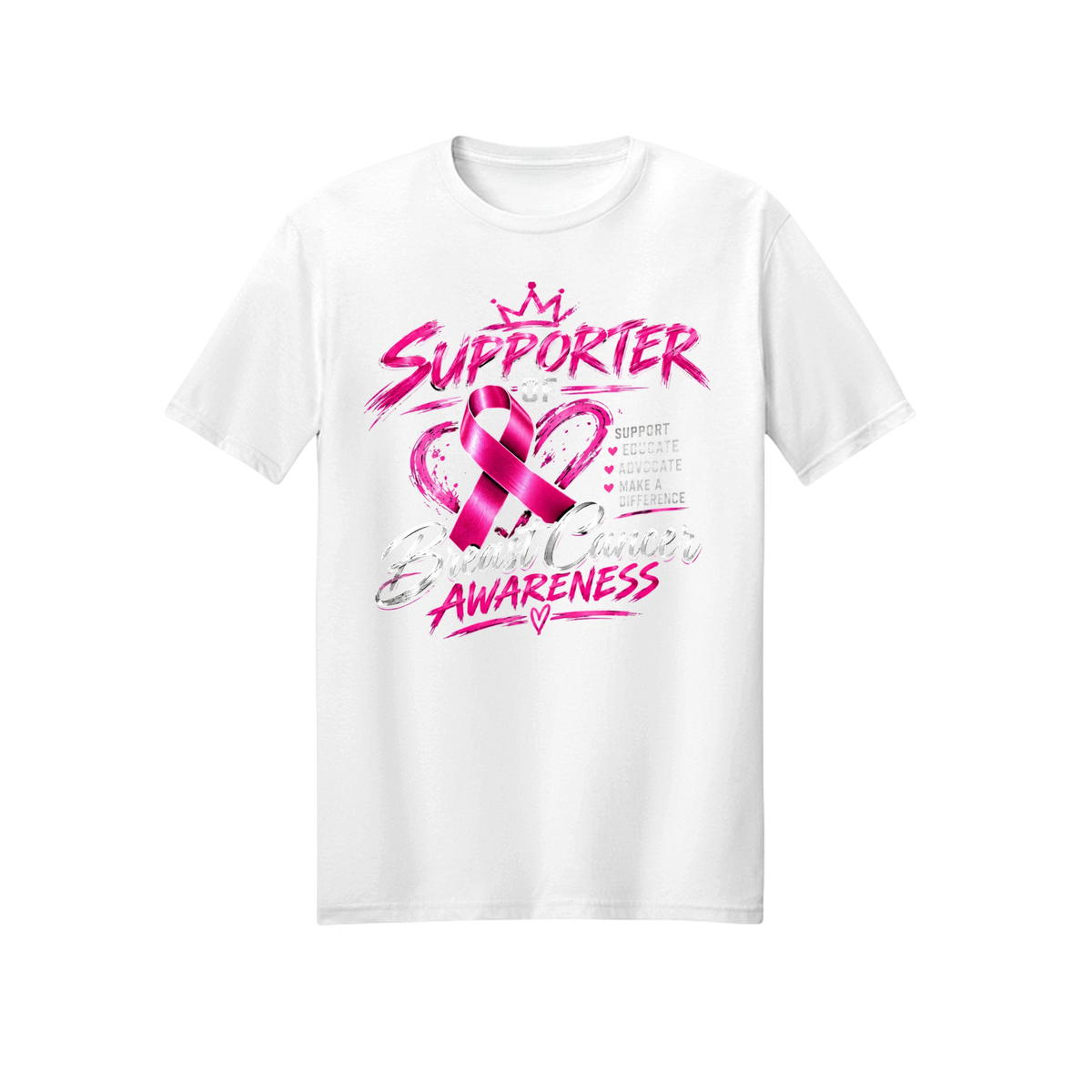 A white short-sleeve crewneck t-shirt featuring a pink graphic design on the front. The design includes the word 'SUPPORTER' with a small crown above it, a pink ribbon heart, the words 'Breast Cancer Awareness', and a list of support phrases on the right side.