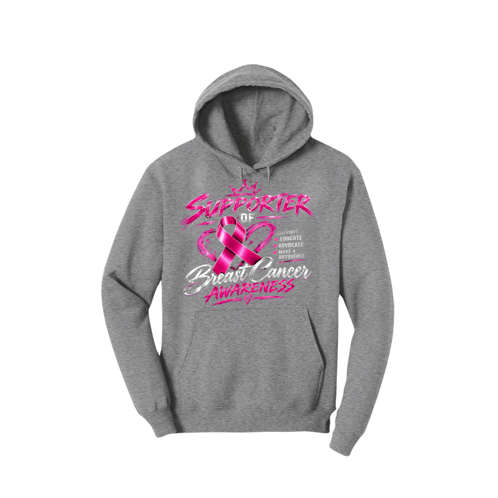 A heather gray pullover hoodie featuring a pink and white graphic on the front that reads 'SUPPORTER OF Breast Cancer Awareness' with a pink ribbon design, shown on a plain white background.