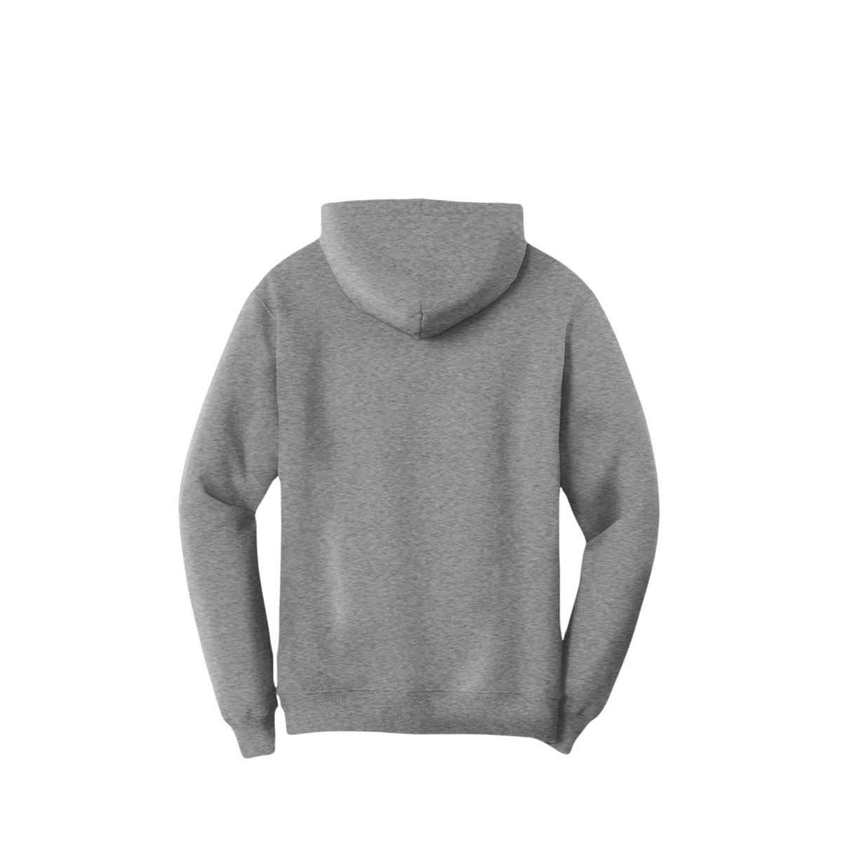 A heather gray pullover hoodie shown from the back, isolated on a solid white background.