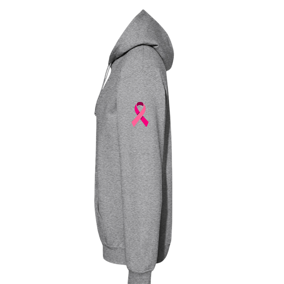 A dusty rose pink pullover hoodie shown from the side profile, featuring a small pink awareness ribbon printed on the upper left sleeve, set against a solid white background.
