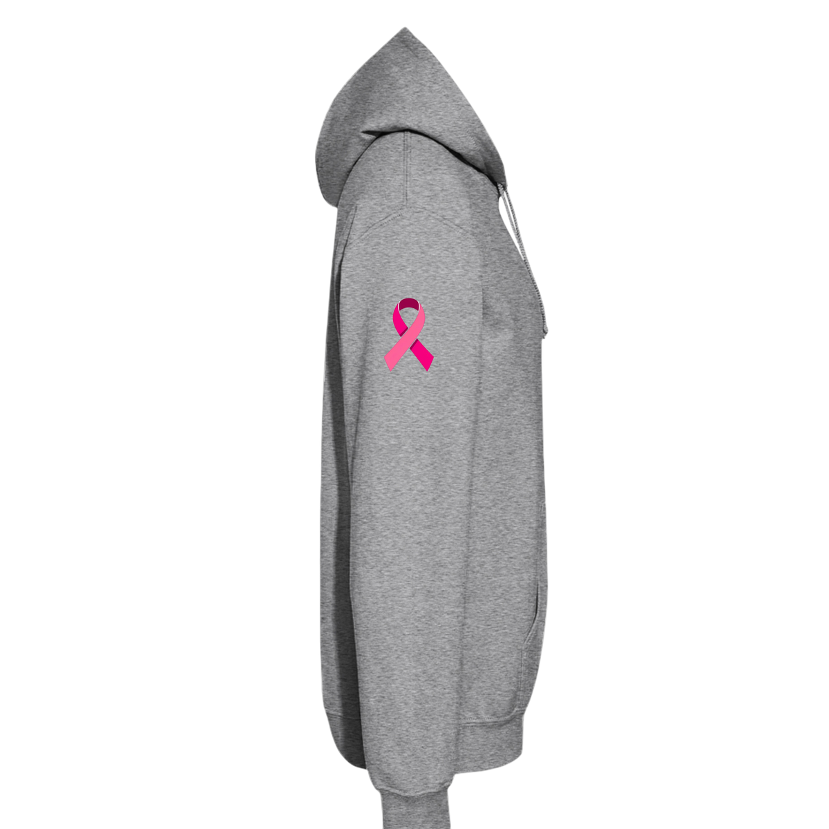 A side profile view of a heather gray hoodie featuring a pink awareness ribbon printed on the upper left sleeve, set against a plain white background.