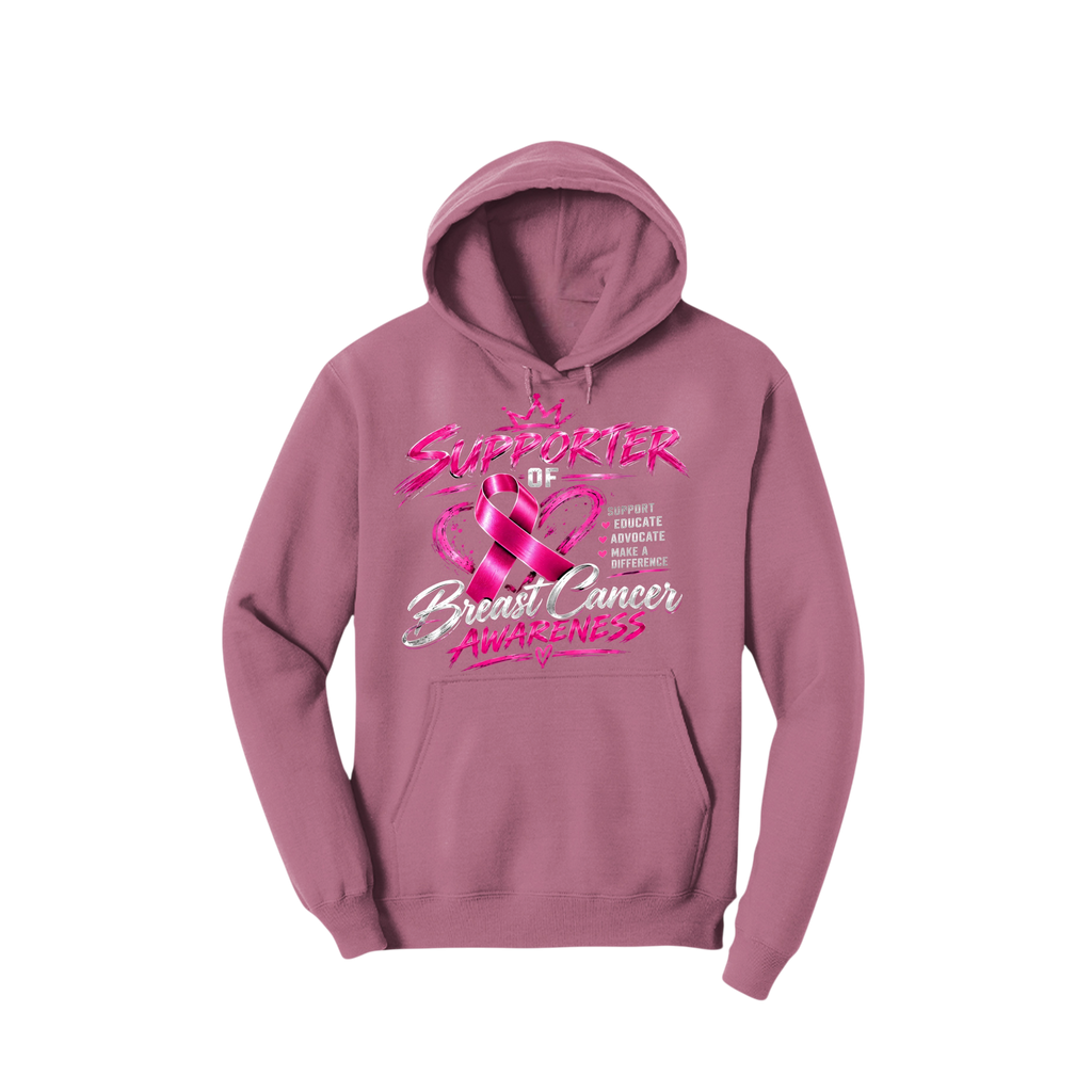 A dusty rose pink pullover hoodie featuring a pink and white graphic on the front that reads 'SUPPORTER OF Breast Cancer Awareness' with a pink ribbon design, shown against a plain white background.