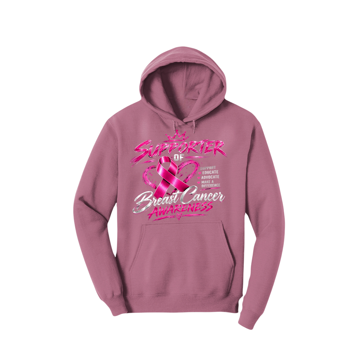 A dusty rose pink pullover hoodie featuring a pink and white graphic on the front that reads 'SUPPORTER OF Breast Cancer Awareness' with a pink ribbon design, shown against a plain white background.