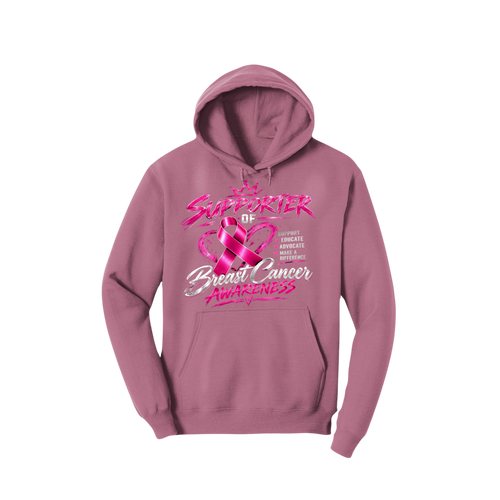 A dusty rose pink pullover hoodie featuring a pink and white graphic on the front that reads 'SUPPORTER OF Breast Cancer Awareness' with a pink ribbon design, shown against a plain white background.