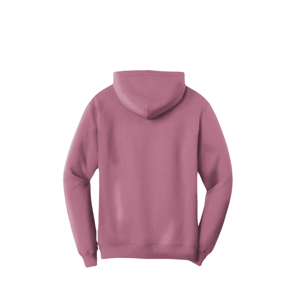 A dusty rose pink hoodie shown from the back, photographed against a solid white background.