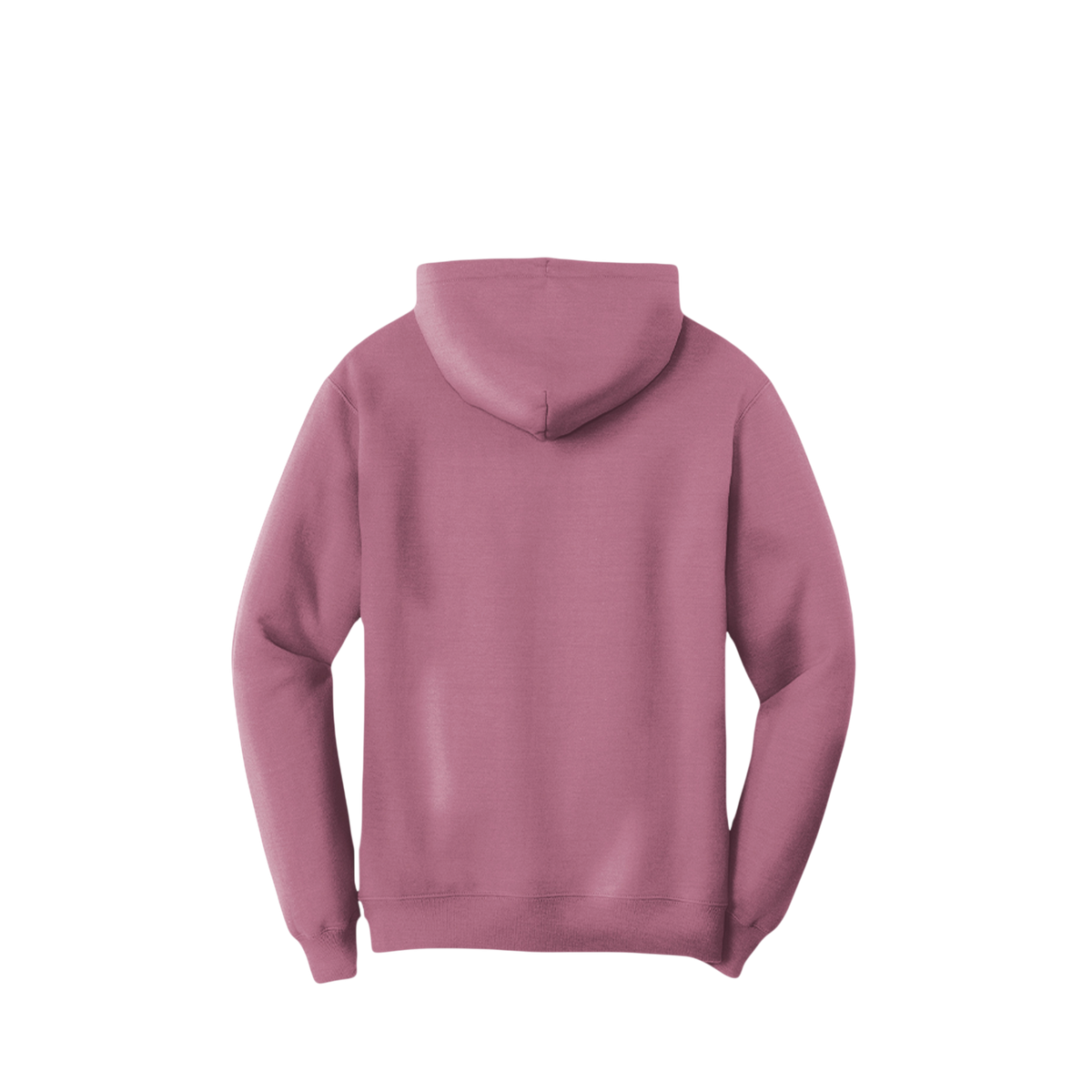 A dusty rose pink hoodie shown from the back, photographed against a solid white background.