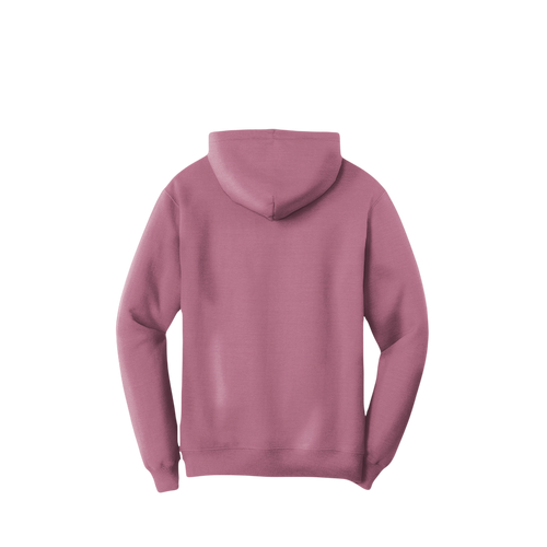 A dusty rose pink hoodie shown from the back, photographed against a solid white background.
