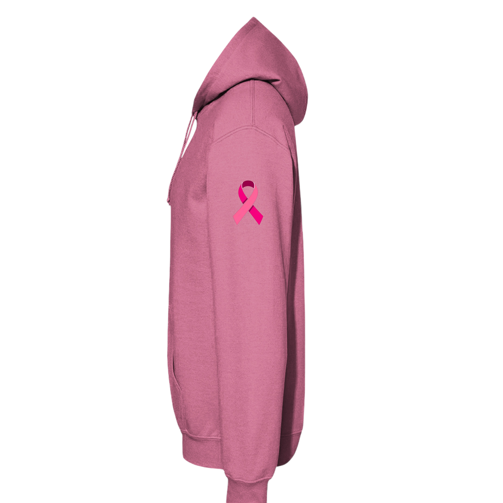 A dusty rose pink pullover hoodie shown from the side profile, featuring a small pink awareness ribbon printed on the upper left sleeve, set against a solid white background.