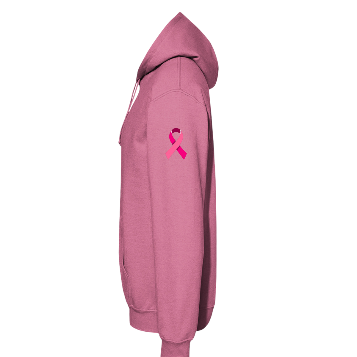 A dusty rose pink pullover hoodie shown from the side profile, featuring a small pink awareness ribbon printed on the upper left sleeve, set against a solid white background.