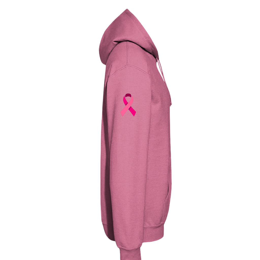 A pink pullover hoodie shown from the side profile on a white background, featuring a pink awareness ribbon printed on the upper left sleeve.