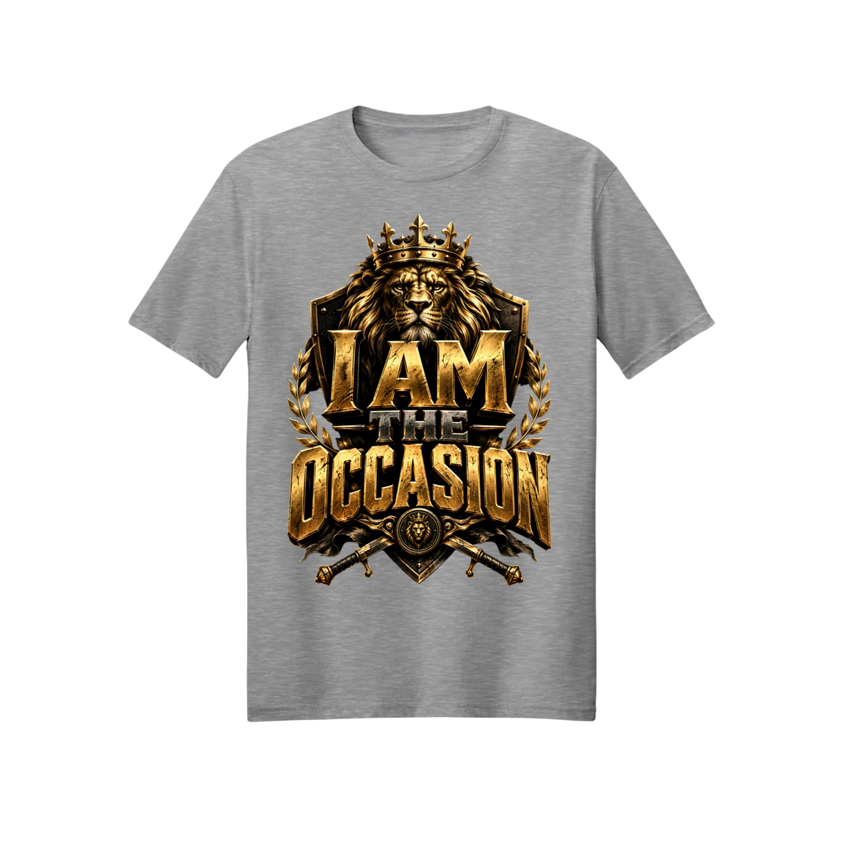 A heather gray short-sleeve crewneck t-shirt featuring a large, detailed gold and black graphic on the front with a lion, crown, and the text 'I AM THE OCCASION'.