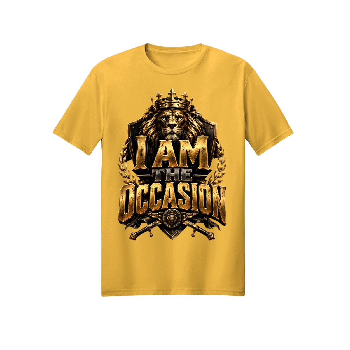 A yellow short-sleeve crewneck t-shirt featuring a large graphic print on the front with a lion wearing a crown and the text 'I AM THE OCCASION' in metallic gold and black.