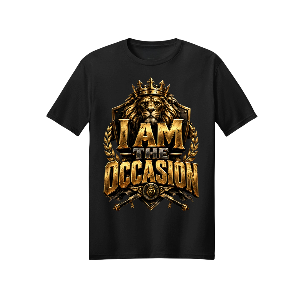 A black short-sleeve crewneck t-shirt featuring a large, metallic gold graphic on the front with a lion wearing a crown, laurel branches, and the text 'I AM THE OCCASION'.