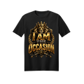 A black short-sleeve crewneck t-shirt featuring a large, metallic gold graphic on the front with a lion wearing a crown, laurel branches, and the text 'I AM THE OCCASION'.