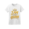 A white short-sleeve crewneck t-shirt featuring a gold metallic-style graphic print on the front that reads 'I AM THE OCCASION' with a crown above, shown against a plain white background.
