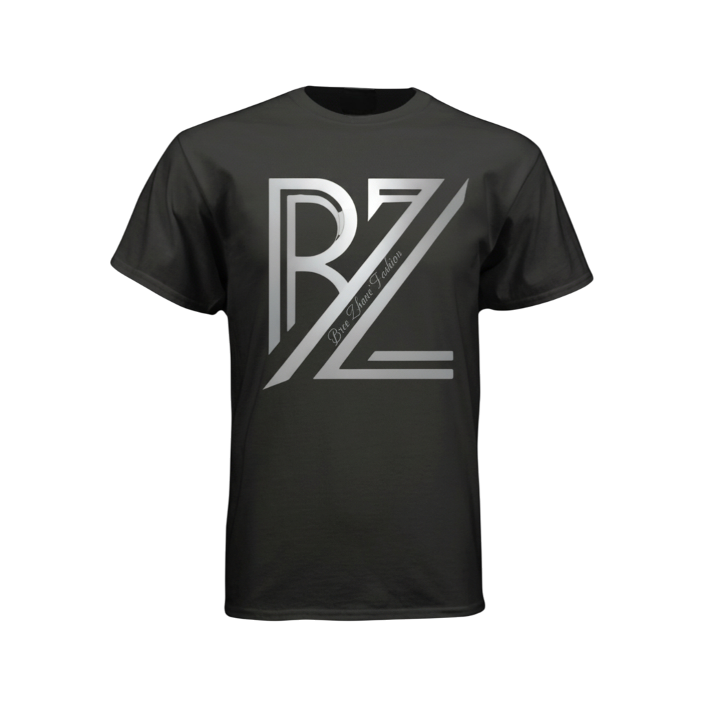 Black t-shirt with a white logo on a white background