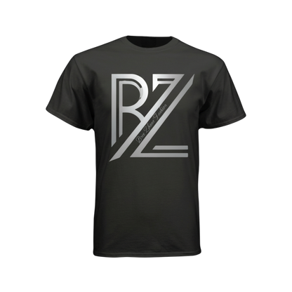 Black t-shirt with a white logo on a white background