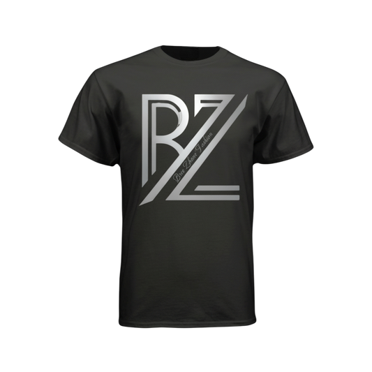 Black t-shirt with a white logo on a white background