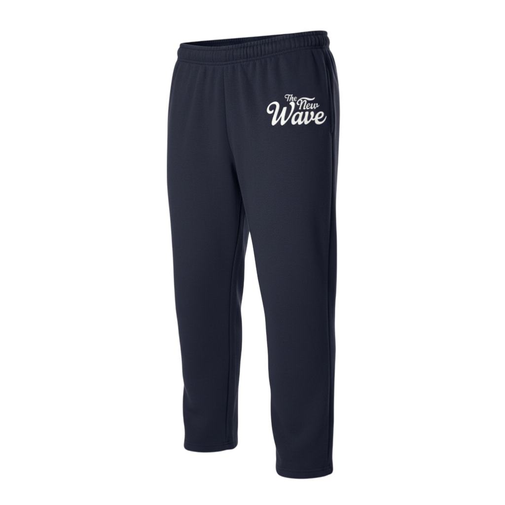 Navy sweatpants with 'The New Wave' text on a white background