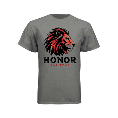 Gray t-shirt with a red and black lion graphic and 'Honor is a Lifestyle' text on a white background